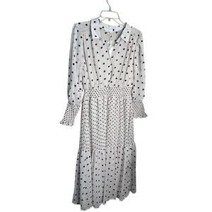 by the River Polka Dot Long Sleeve Collared Midi Dress White Black Womens Size L